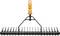 Garden leaf rake with an orange handle and black plastic tines on a white background.