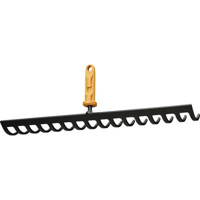Orange-handled garden rake with a long black head and evenly spaced curved tines on a white background.