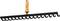 Orange-handled garden rake with a long black head and evenly spaced curved tines on a white background.