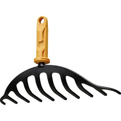 Black plastic leaf rake head with orange handle, isolated on white background.