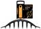 Package and product image of Fiskars OneClick rose rake attachment, black and orange garden tool with curved rake head below the packaging.