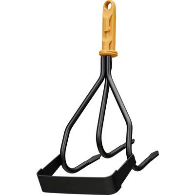 Black metal dustpan with orange handle and hanging loop on a white background.
