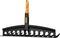 Black and orange snow shovel head with a long handle, shown isolated on a white background.