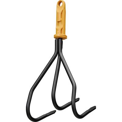 An orange-handled three-prong garden hand cultivator with black metal tines on a white background.