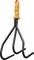 An orange-handled three-prong garden hand cultivator with black metal tines on a white background.