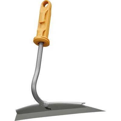 Orange-handled garden hoe with a curved metal shaft and flat gray blade on a white background.