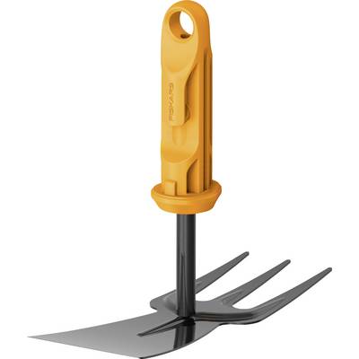 Orange Fiskars garden cultivator with three prongs and a black handle, shown upright on a white background.