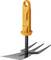 Orange Fiskars garden cultivator with three prongs and a black handle, shown upright on a white background.
