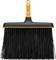 Black push broom with orange handle and trim, shown front view on a white background.