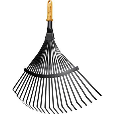 A black metal leaf rake with an orange handle, shown upright on a white background.