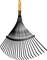 A black metal leaf rake with an orange handle, shown upright on a white background.