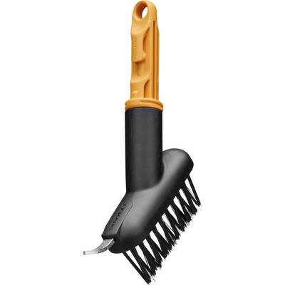 Black handheld scrub brush with an orange grip and angled bristles, shown on a white background.