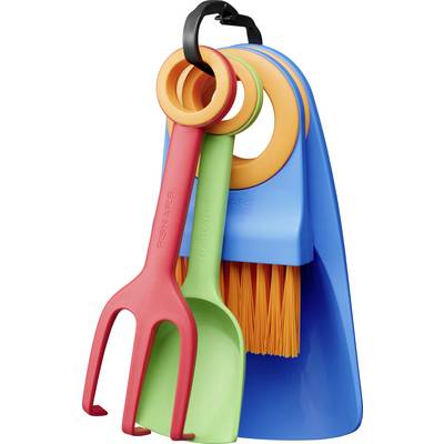 Children’s cleaning set with blue dustpan, orange brush, and red and green toy tools hanging on a black loop.