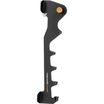 Black Fiskars Xseries tool with an orange release button and multiple hook-like notches, shown isolated on a white background.