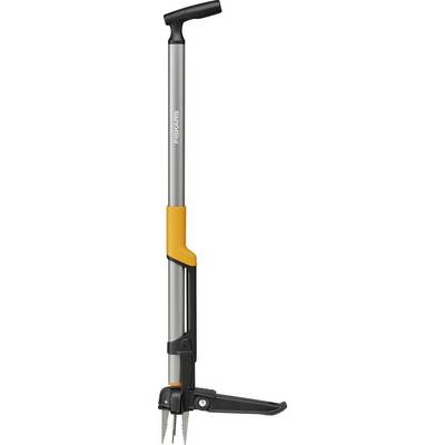 Fiskars long-handled garden bulb planter with T-shaped grip and foot lever, shown upright on a white background.