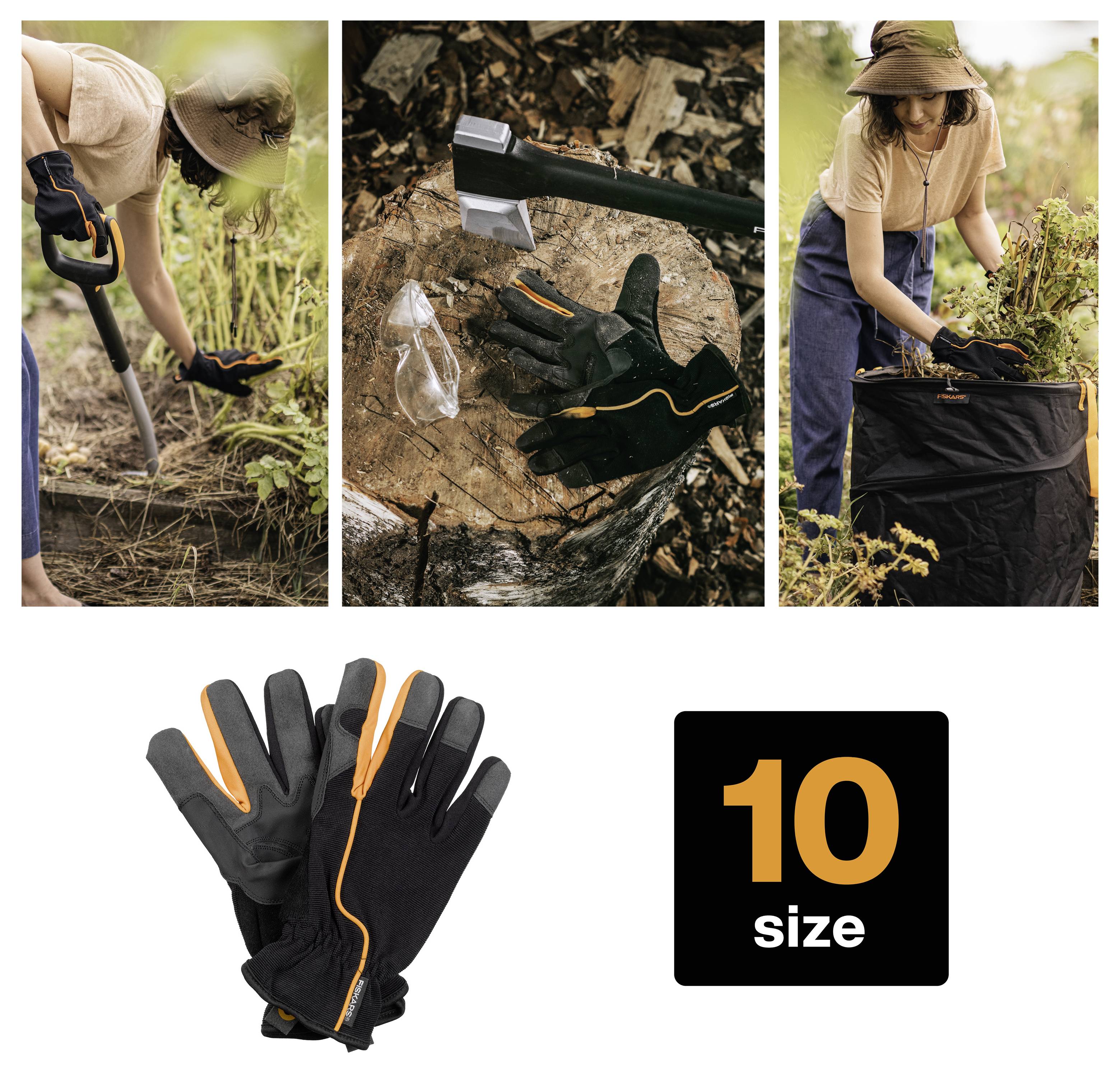 Promotional collage showing gardening gloves in use for planting and pruning, plus the gloves product and a '10 size' label.