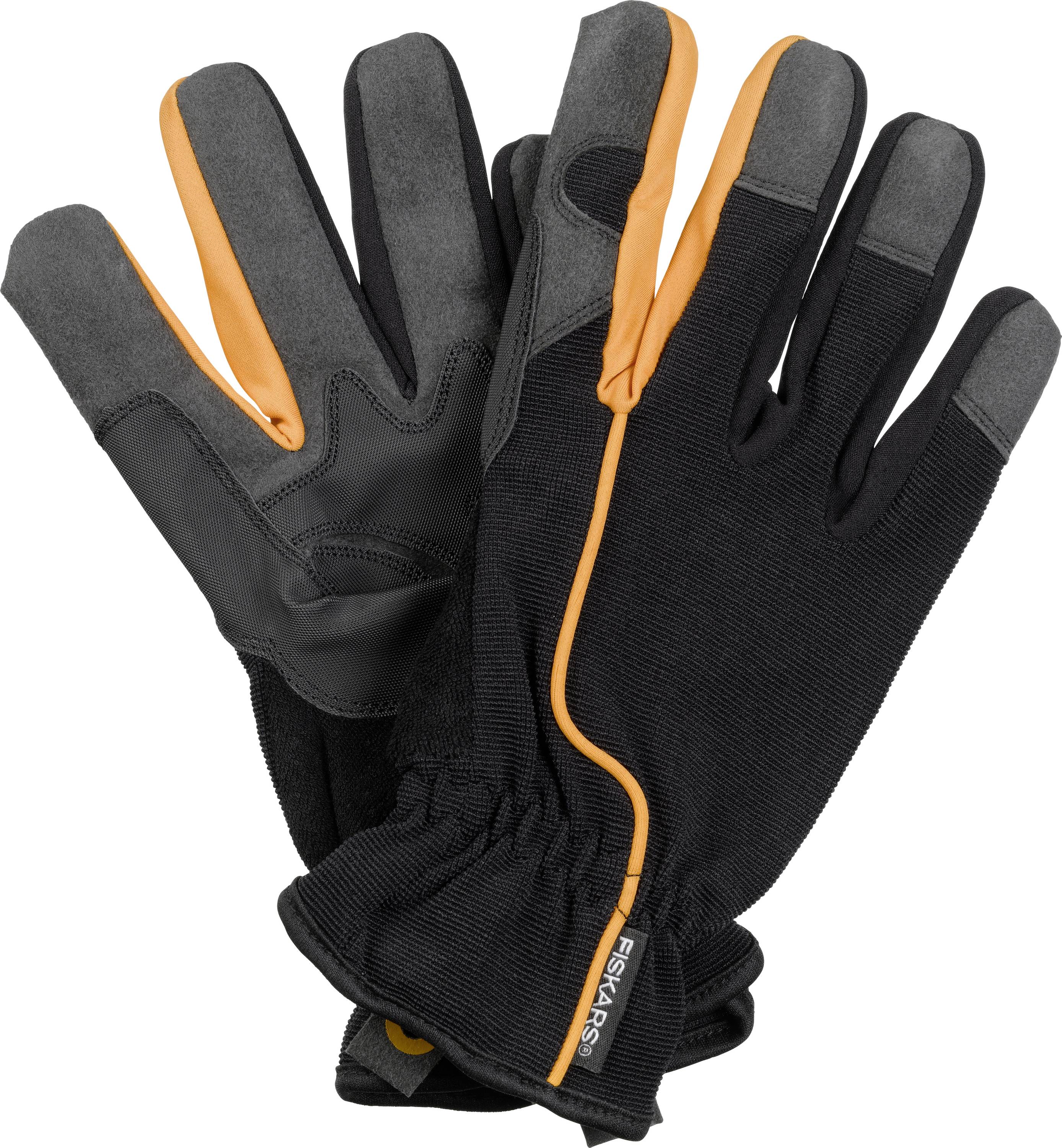 Pair of black work gloves with orange accents, shown crossed on a white background.