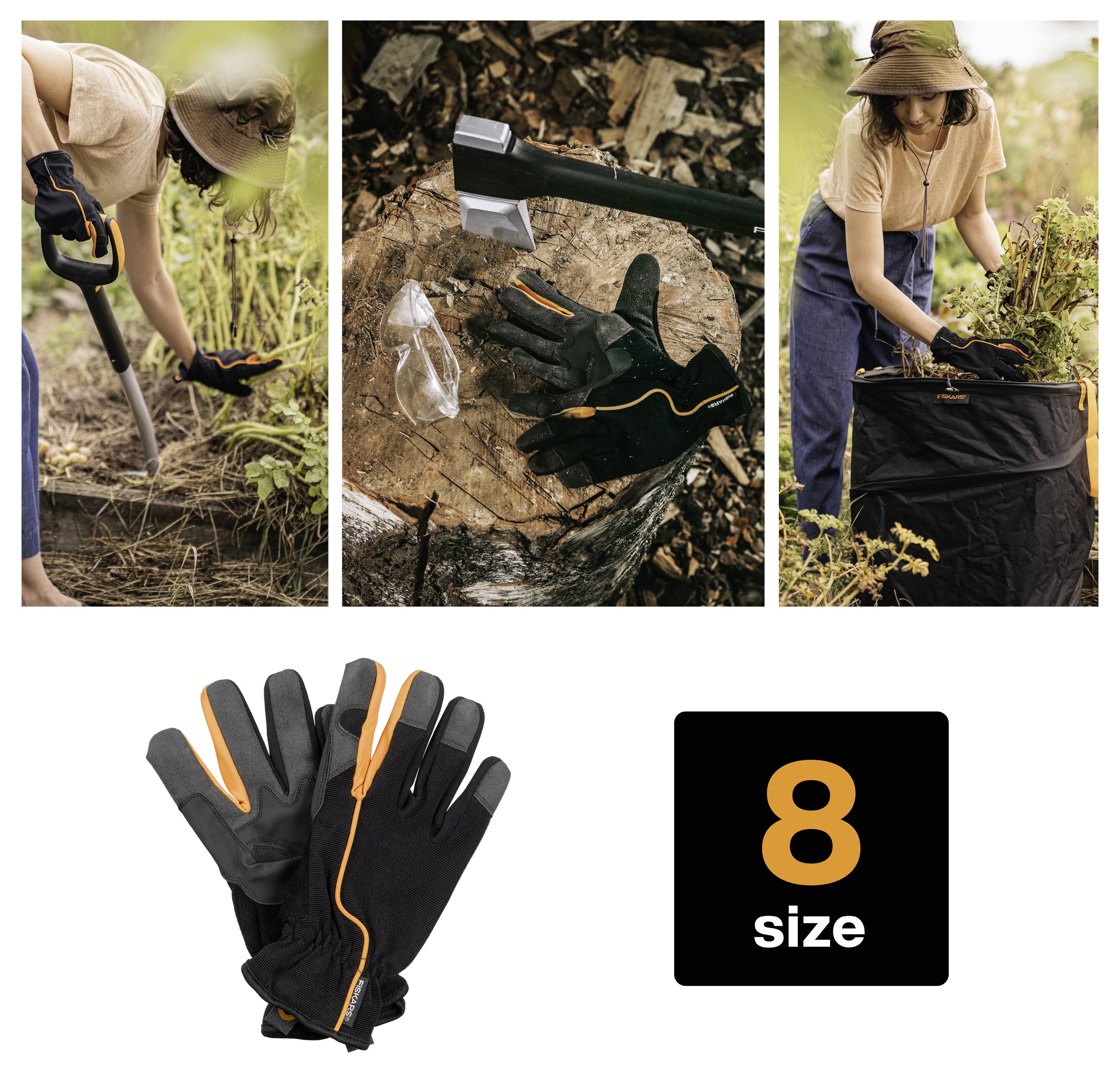 Collage showing gardening gloves in use for digging and planting, plus a product shot of black-and-orange gloves labeled '8 size'.<br>