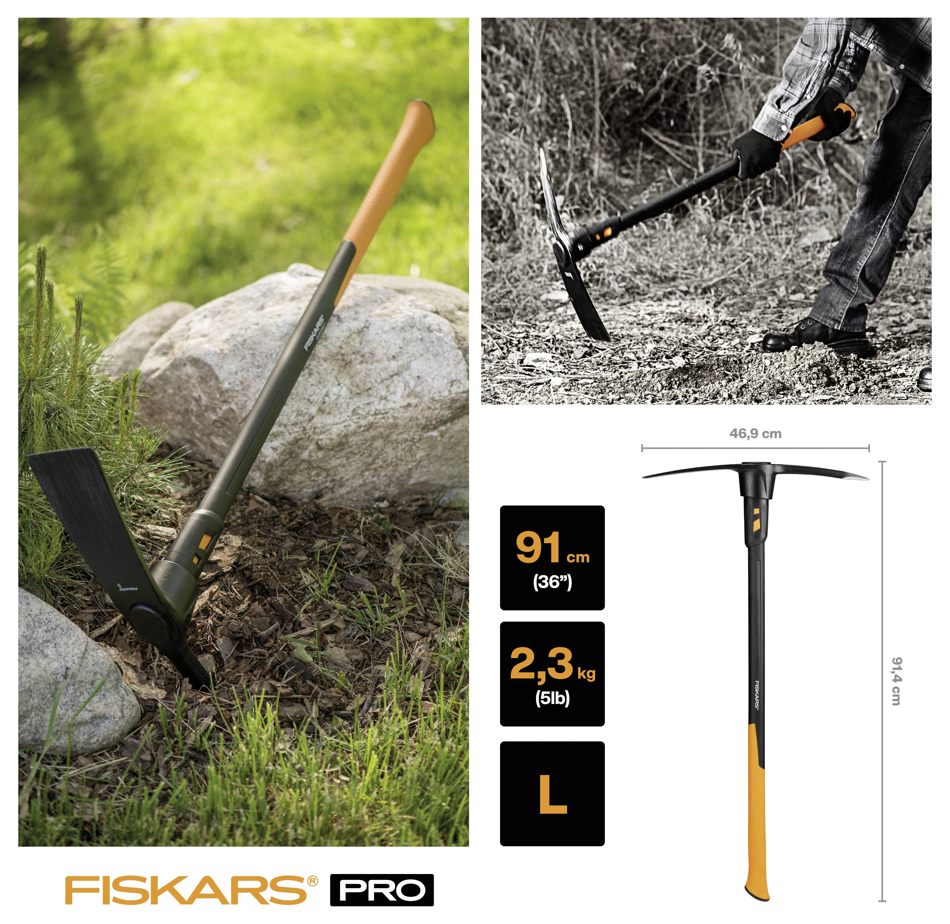 Fiskars Pro garden pickaxe shown in use and in a size diagram, labeled 91 cm, 2.3 kg, with 46.9 cm head width and 91.4 cm height.