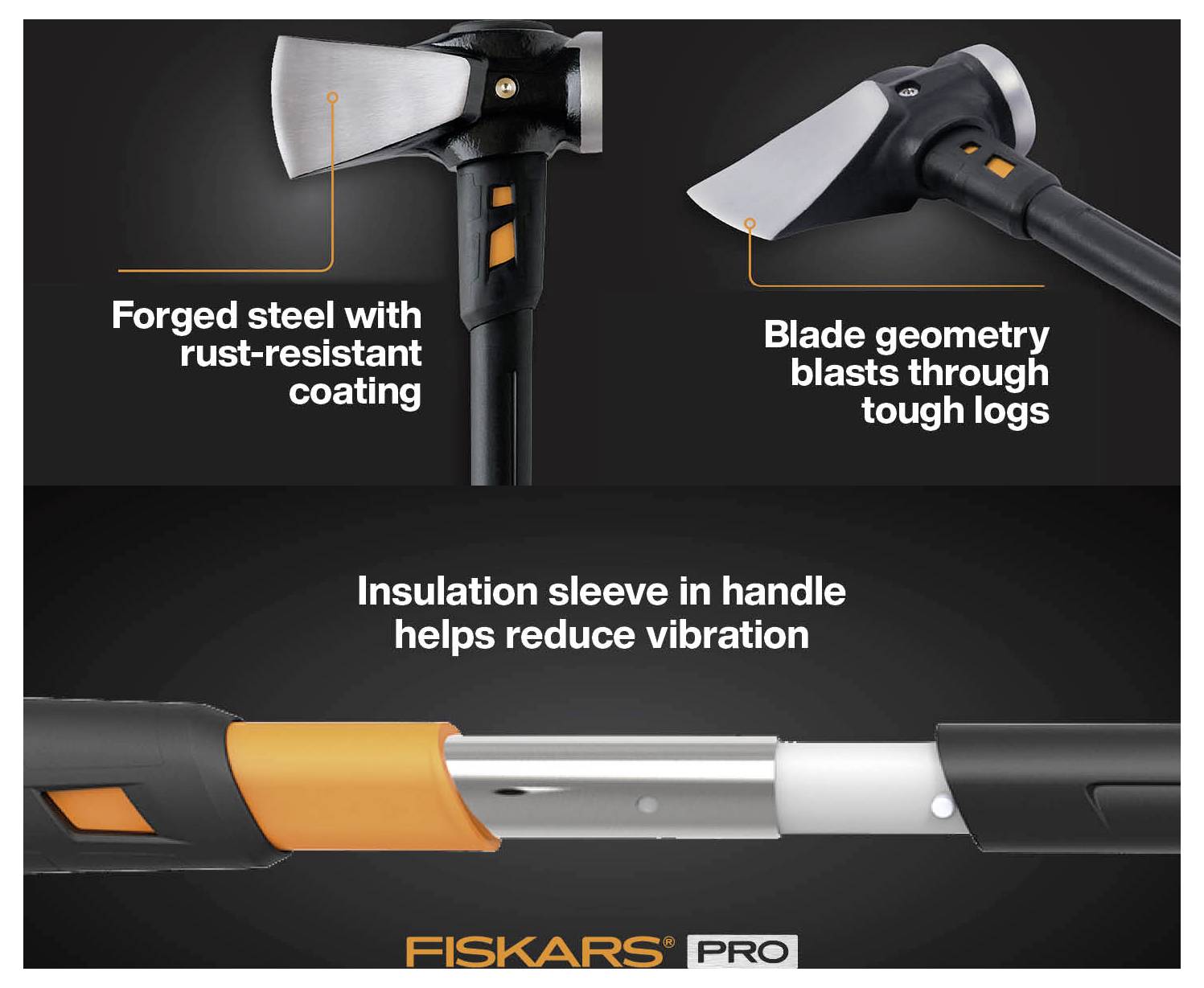 A black-and-orange splitting axe with a silver wedge-shaped head and long handle, shown upright on a white background.