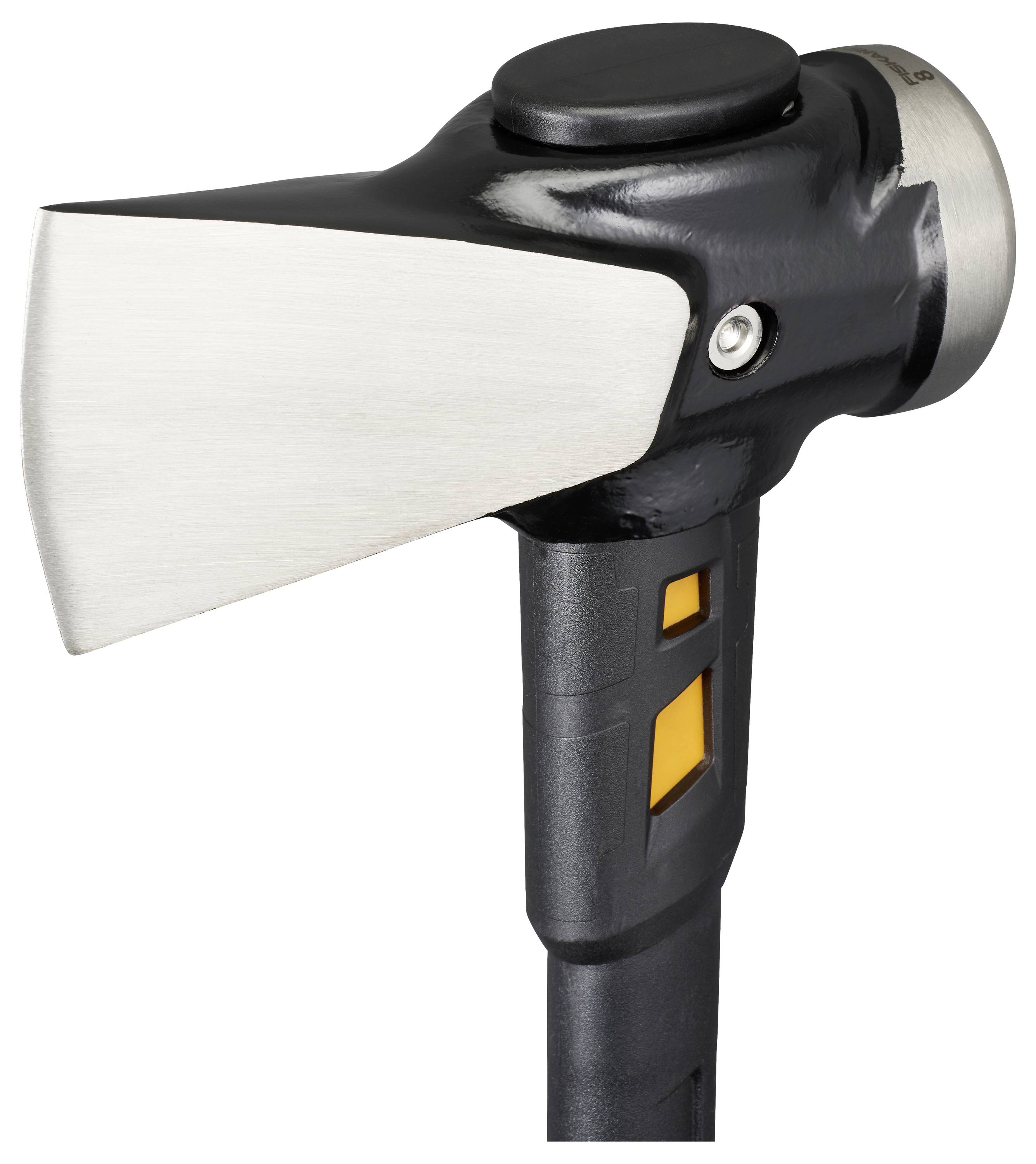 Close-up of a black emergency hatchet or axe with a silver blade and handle, isolated on a white background.