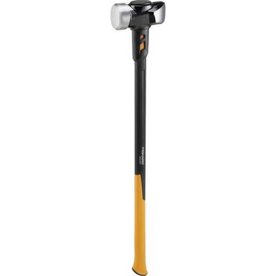 A black and orange sledgehammer with a long handle, shown upright on a white background.