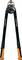 A Fiskars PowerGear bolt cutter with long black handles and orange grips, shown upright on a white background.