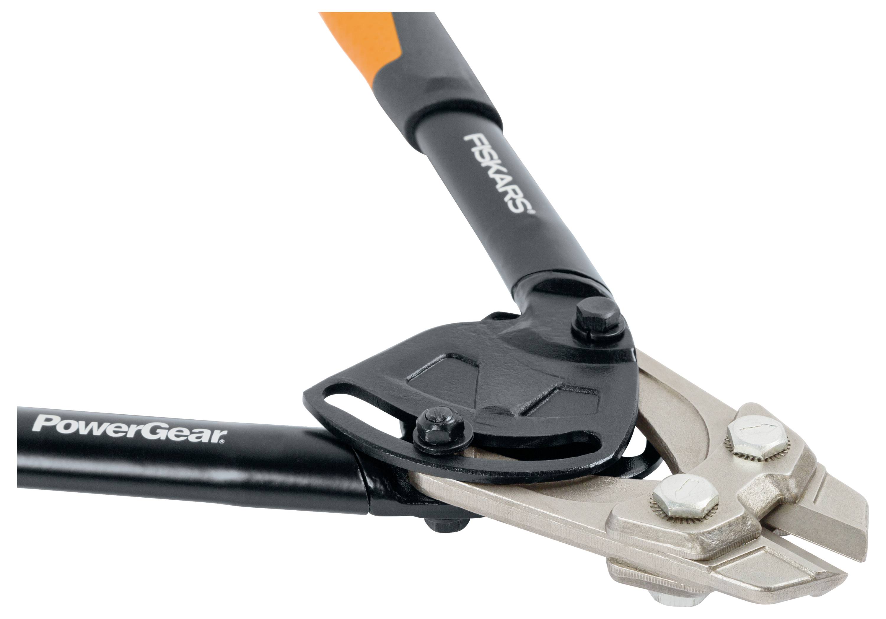 Close-up of a Fiskars PowerGear lopper with black handles and silver blades on a white background.