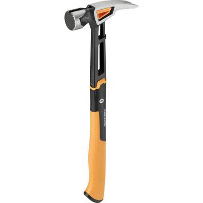 Claw hammer with black and orange handle on a white background, shown upright.<br>