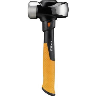 Black and orange Fiskars claw hammer with a textured grip and steel head, shown on a white background.