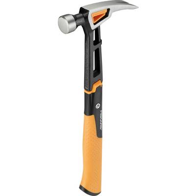 A claw hammer with a black and orange handle and silver head, shown upright on a white background.