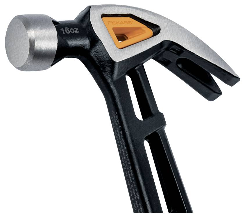 Close-up of a Fiskars 16 oz claw hammer with a metal striking face and black handle on a white background.