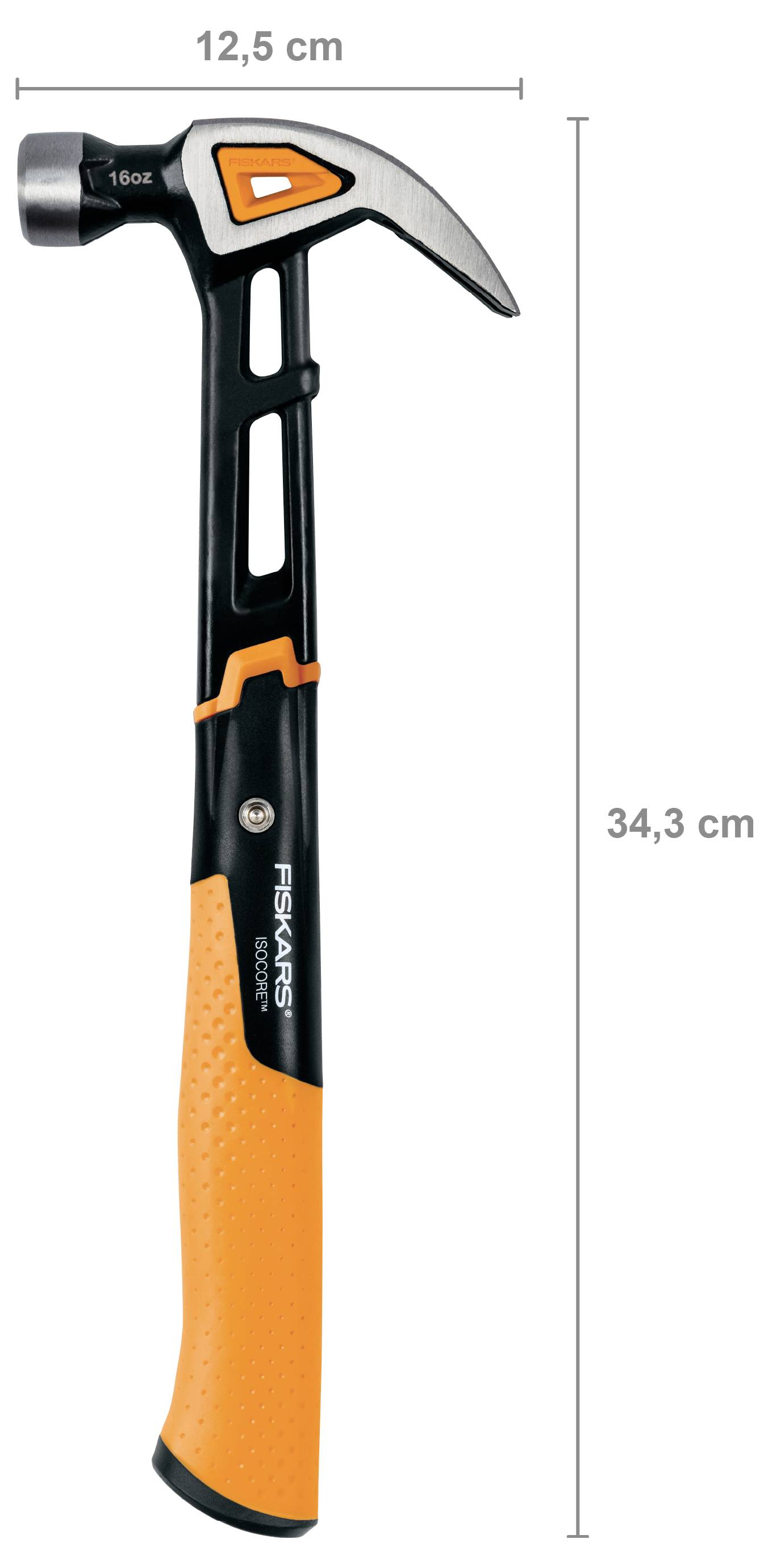 A claw hammer with black and orange handle, shown with dimensions labeled 12.5 cm wide and 34.3 cm long.