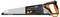 A Fiskars Pro hand saw with a black and orange handle and long silver blade, shown side-on on a white background.