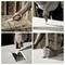 Four-step collage of a worker using a hand saw and utility knife to measure, score, and cut a hole in drywall.