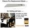 Fiskars Pro replacement blade for folding pull saw, shown with dimensions 28.6 cm by 4.4 cm and a worker using the saw on wood, PVC and 2x4s.