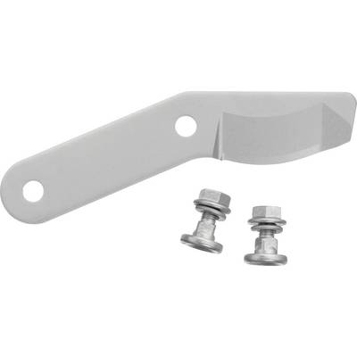 A silver folding knife blade with two screws beside it, shown on a white background.