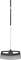 A black snow shovel with a long silver handle and wide slotted blade, shown upright on a white background.