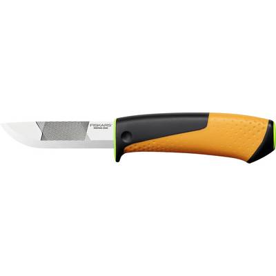 Close-up of a Fiskars kitchen knife with a silver blade and orange, black-handled grip.