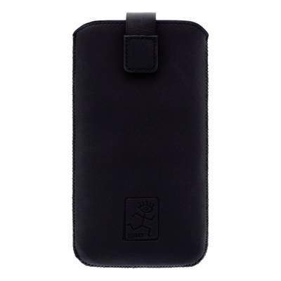 Black zippered phone pouch with a pull tab and embossed logo, shown against a white background.