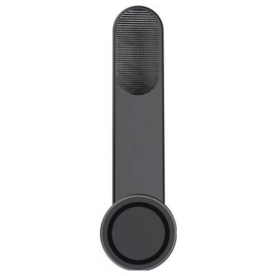 Dark gray handheld device with a rounded top grille and a large circular control or lens at the bottom.