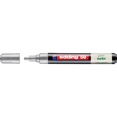A silver paint marker pen labeled 'edding 50' with the cap removed, showing the nib and black barrel text.