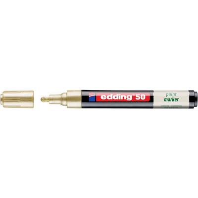 A silver paint marker with a gold cap and tip, labeled edding 50, shown horizontally on a white background.