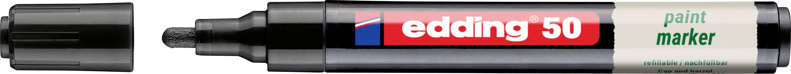 Black Edding 50 paint marker with cap removed, showing the marker tip and red label on the barrel.
