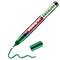 Green Edding 51 paint marker with cap off, writing a green wavy line on a white background.