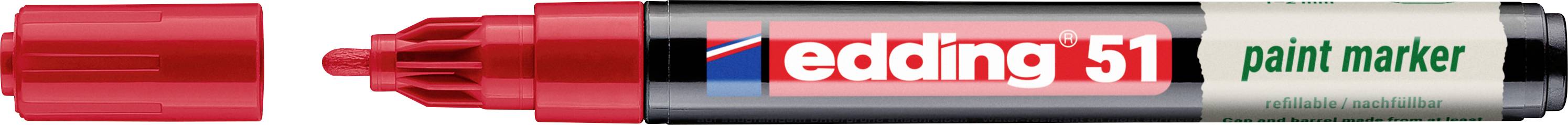 Red Edding 51 paint marker with cap removed, showing the red chisel tip and branded barrel.