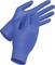 Blue disposable rubber gloves, one glove being put on over the other, isolated on a white background.