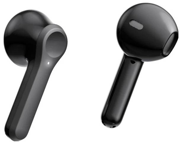 Two black wireless earbud-style headphones shown from two angles on a white background.