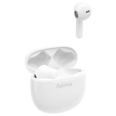 White wireless earbuds with an open charging case, shown in a product-style image with the 'hama' logo.