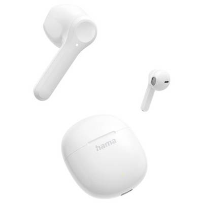 White wireless earbuds with charging case, shown in three views on a plain white background; one earbud is in close-up, another at right, and the Hama-branded case is below.